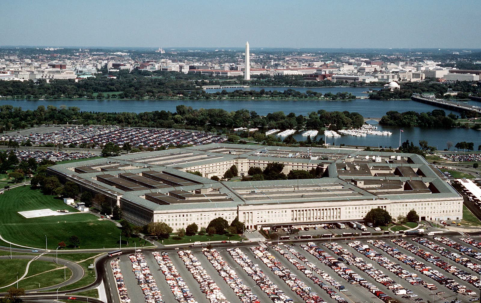 Aerial view of the Pentagon in Arlington, Virginia, looking northeast toward the Potomac River and the Washington Monument.